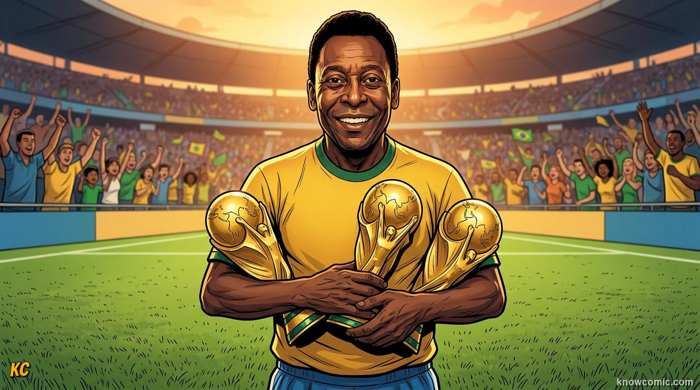 Comic panel titled the only three-time winner, labelled forever, from the KnowComic World Cup 2026 lesson on pelé: the king's story