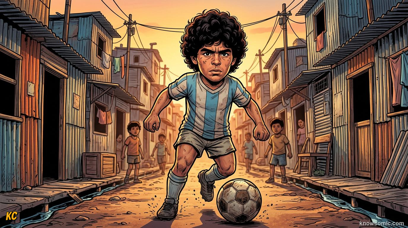 Comic panel titled a boy from the shantytown, labelled buenos aires, from the KnowComic World Cup 2026 lesson on maradona: genius & the hand of god