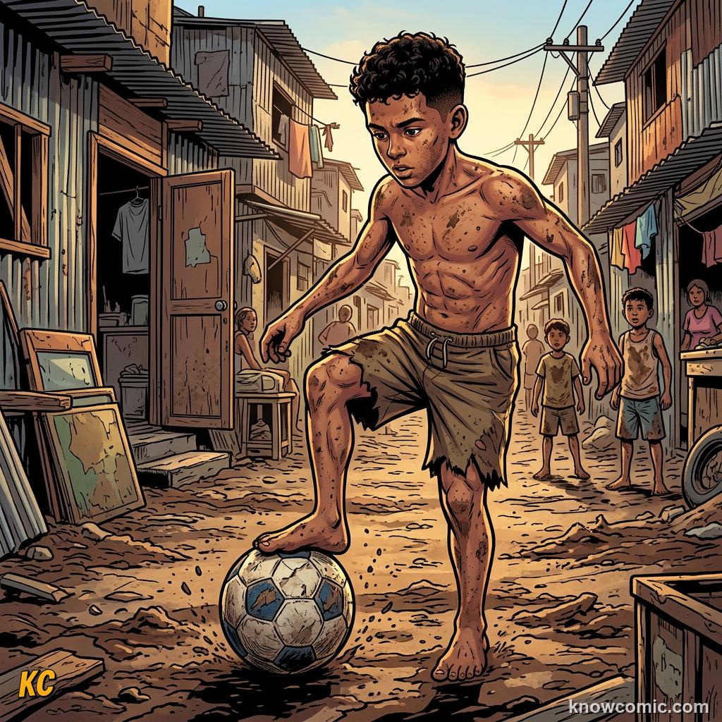 Comic panel titled from 1982 heartbreak to 1986 glory, labelled poverty, from the KnowComic World Cup 2026 lesson on maradona: genius & the hand of god