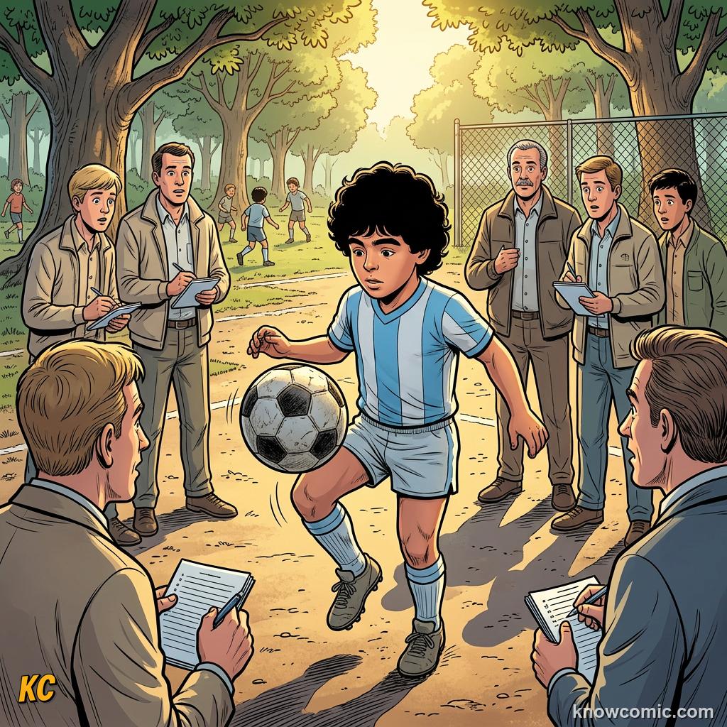 Comic panel titled from 1982 heartbreak to 1986 glory, labelled talent, from the KnowComic World Cup 2026 lesson on maradona: genius & the hand of god