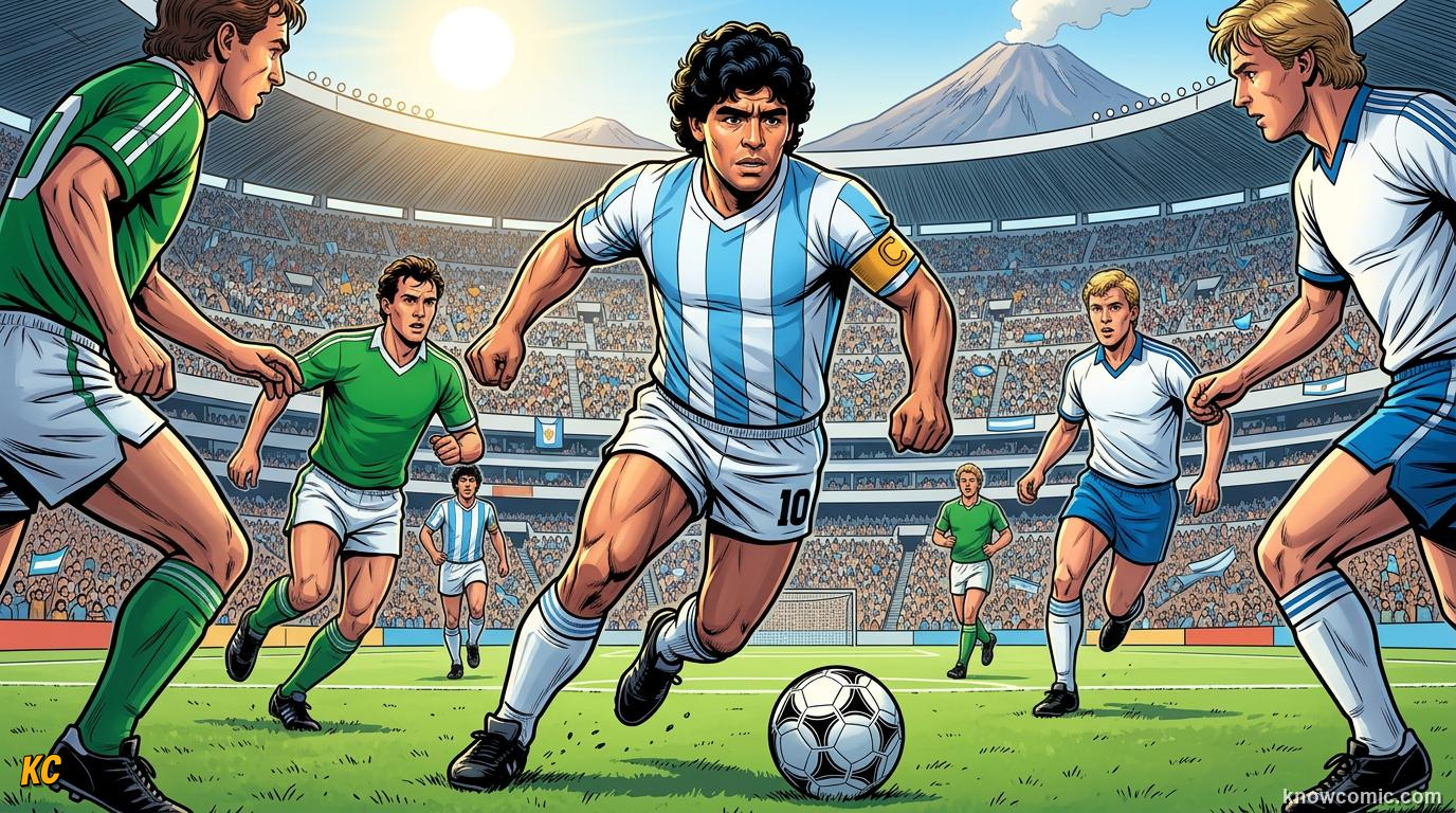 Comic panel titled from 1982 heartbreak to 1986 glory, labelled world cup, from the KnowComic World Cup 2026 lesson on maradona: genius & the hand of god