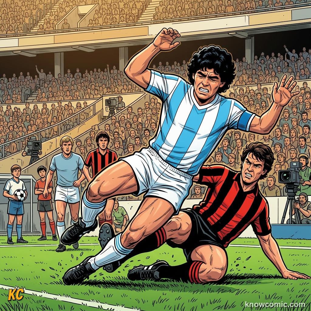 Comic panel titled four minutes that shocked the world, labelled 1982, from the KnowComic World Cup 2026 lesson on maradona: genius & the hand of god
