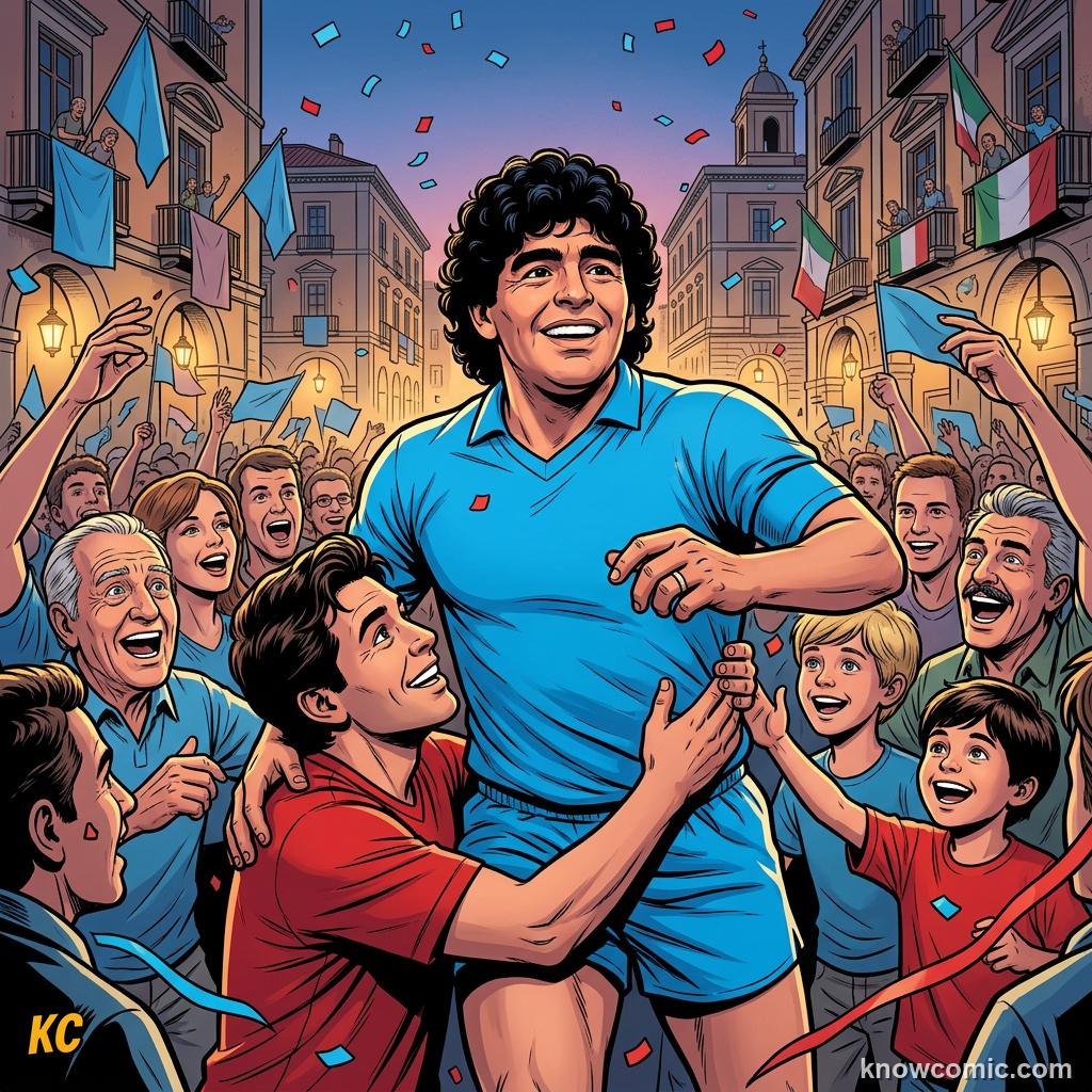 Comic panel titled four minutes that shocked the world, labelled napoli, from the KnowComic World Cup 2026 lesson on maradona: genius & the hand of god