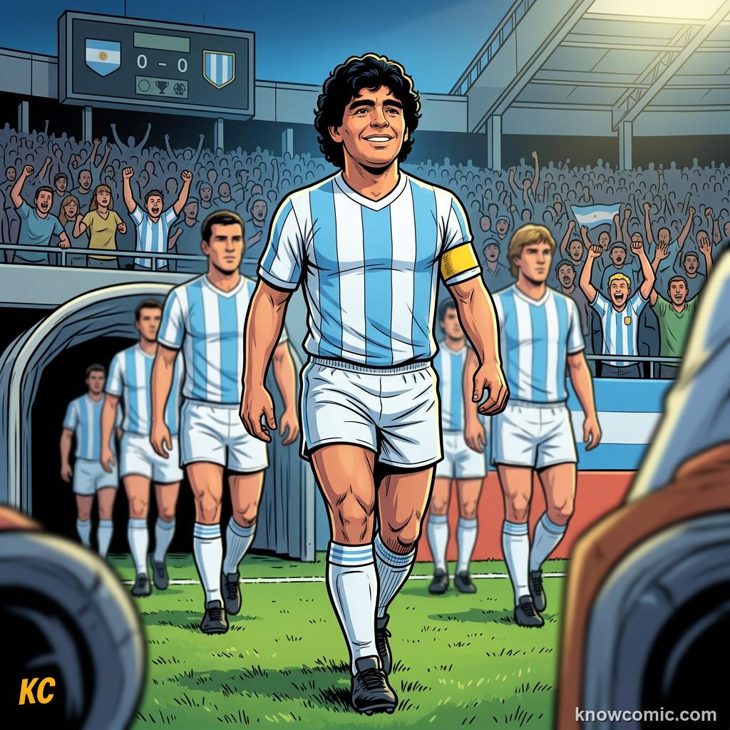 Comic panel titled four minutes that shocked the world, labelled 1986, from the KnowComic World Cup 2026 lesson on maradona: genius & the hand of god
