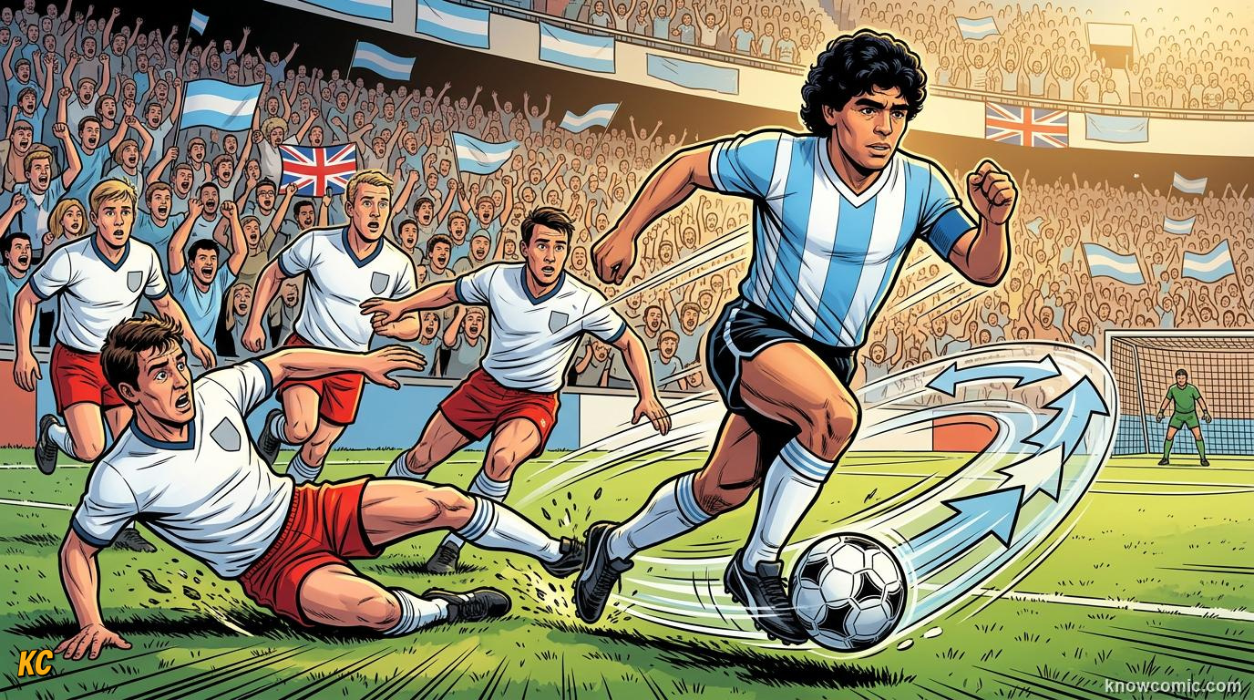 Comic panel titled four minutes that shocked the world, labelled 1986, from the KnowComic World Cup 2026 lesson on maradona: genius & the hand of god