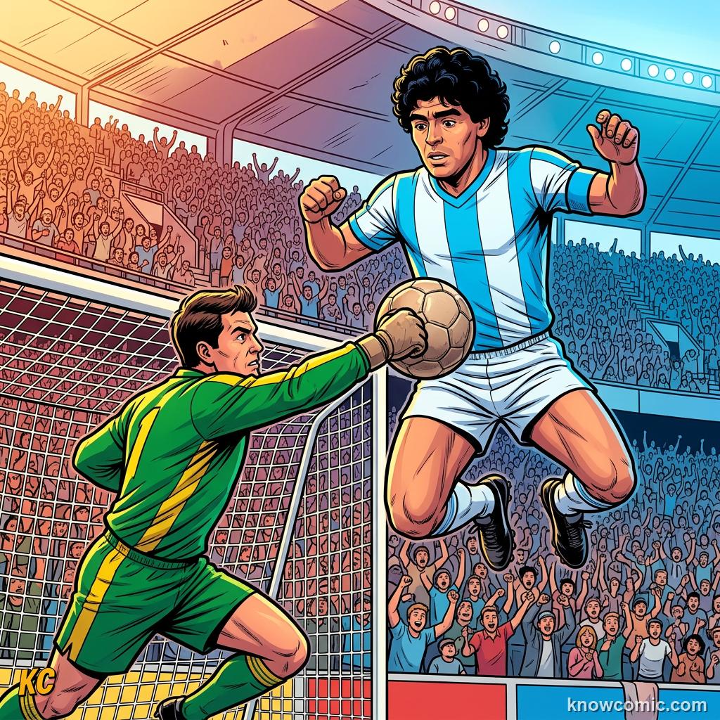 Comic panel titled four minutes that shocked the world, labelled hand, from the KnowComic World Cup 2026 lesson on maradona: genius & the hand of god