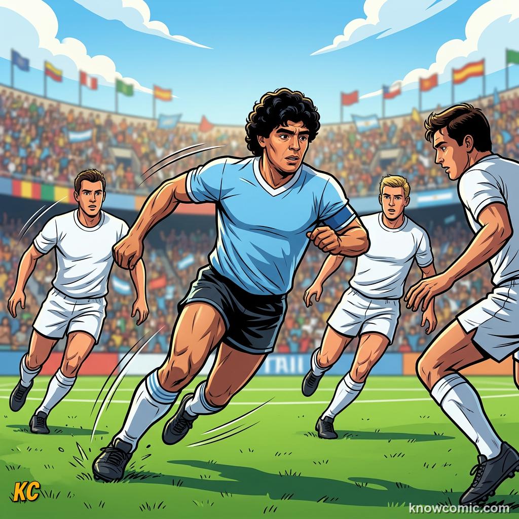 Comic panel titled four minutes that shocked the world, labelled solo run, from the KnowComic World Cup 2026 lesson on maradona: genius & the hand of god
