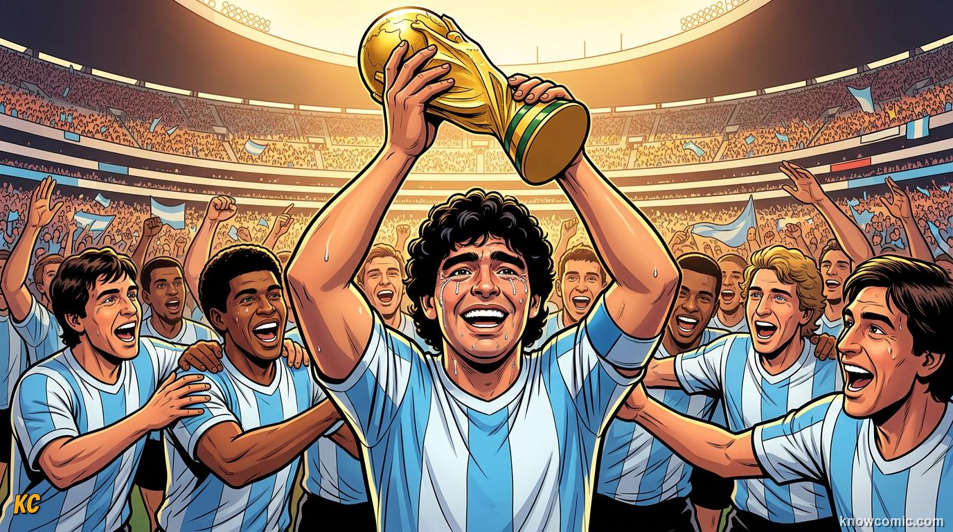 Comic panel titled mexico 86 and the final in the azteca, labelled champions, from the KnowComic World Cup 2026 lesson on maradona: genius & the hand of god