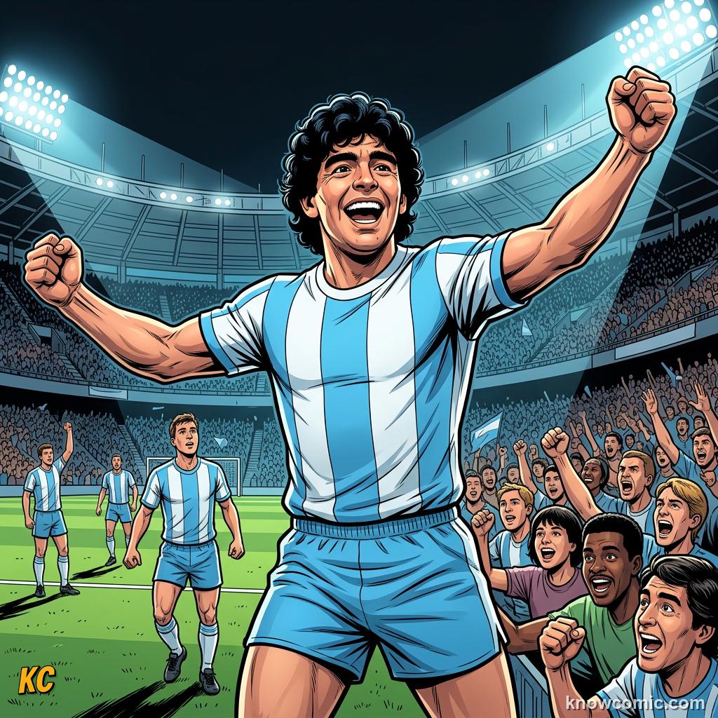 Comic panel titled genius, controversy, and immortal fame, labelled semis, from the KnowComic World Cup 2026 lesson on maradona: genius & the hand of god