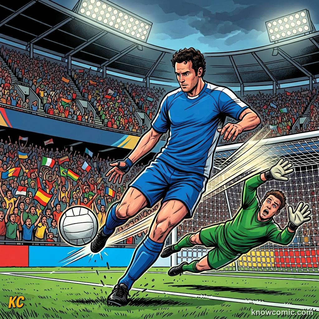 Comic panel titled genius, controversy, and immortal fame, labelled final, from the KnowComic World Cup 2026 lesson on maradona: genius & the hand of god