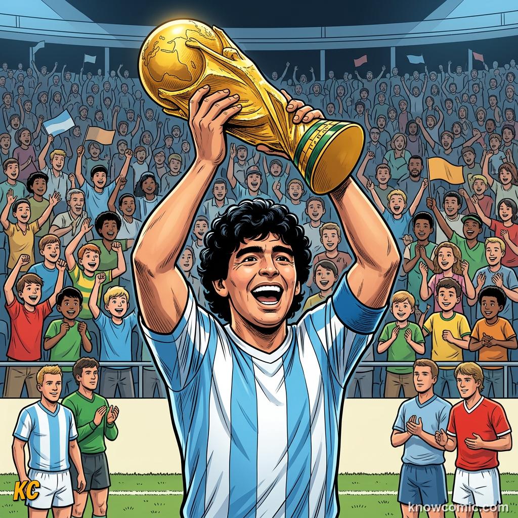 Comic panel titled genius, controversy, and immortal fame, labelled trophy, from the KnowComic World Cup 2026 lesson on maradona: genius & the hand of god