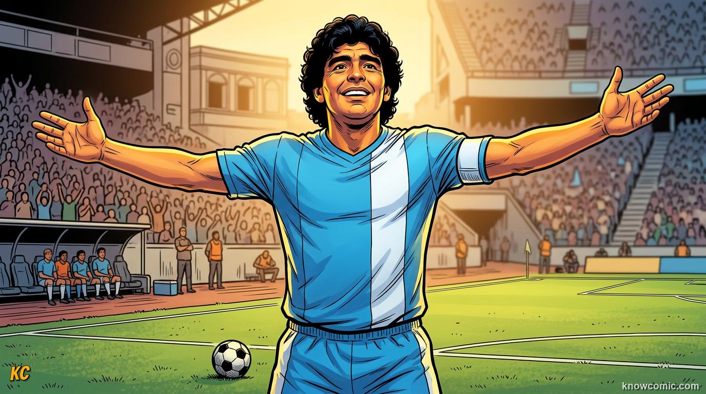 Comic panel titled genius, controversy, and immortal fame, labelled legend, from the KnowComic World Cup 2026 lesson on maradona: genius & the hand of god