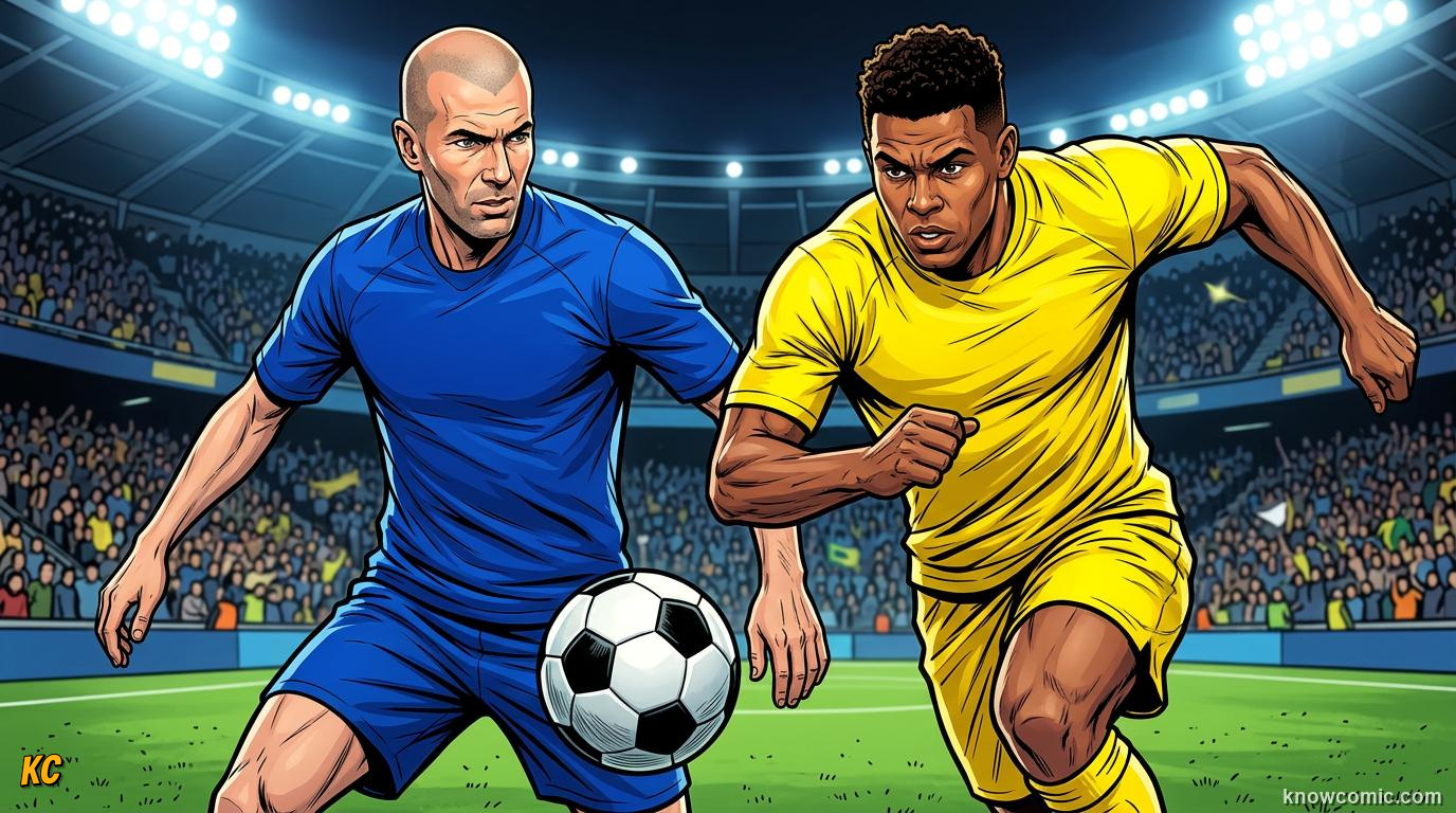 Comic panel titled the turn of the century, labelled two icons, from the KnowComic World Cup 2026 lesson on zidane, r9 & the 2000s