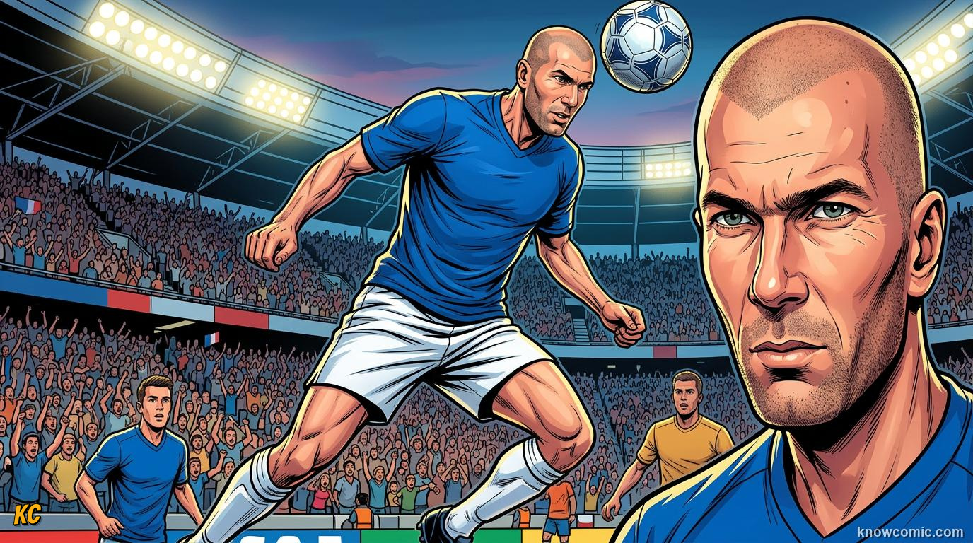 Comic panel titled the elegant maestro of france, labelled zizou, from the KnowComic World Cup 2026 lesson on zidane, r9 & the 2000s