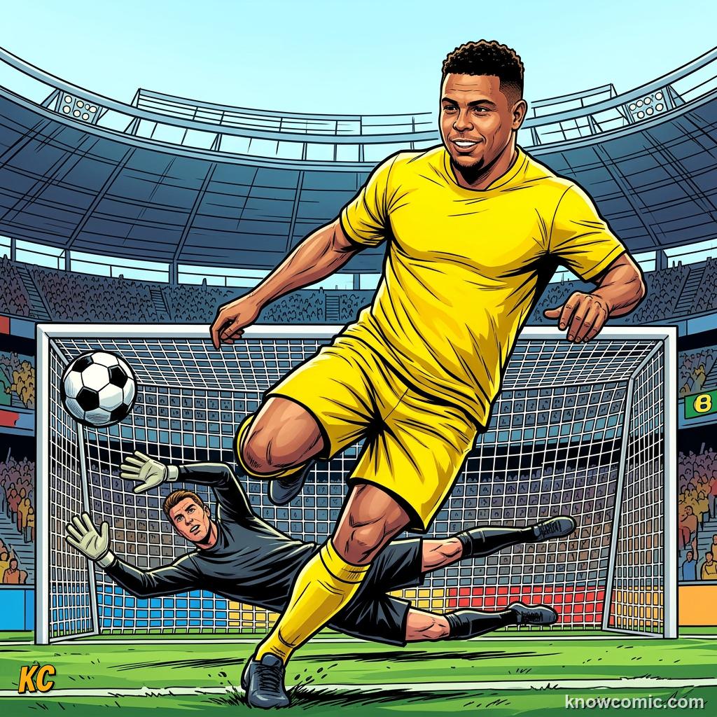 Comic panel titled the greatest comeback story, labelled 2002, from the KnowComic World Cup 2026 lesson on zidane, r9 & the 2000s