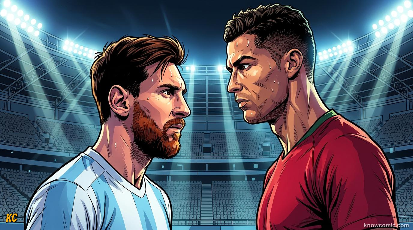 Comic panel titled twenty years, every record, labelled two giants, from the KnowComic World Cup 2026 lesson on messi vs ronaldo: the modern era