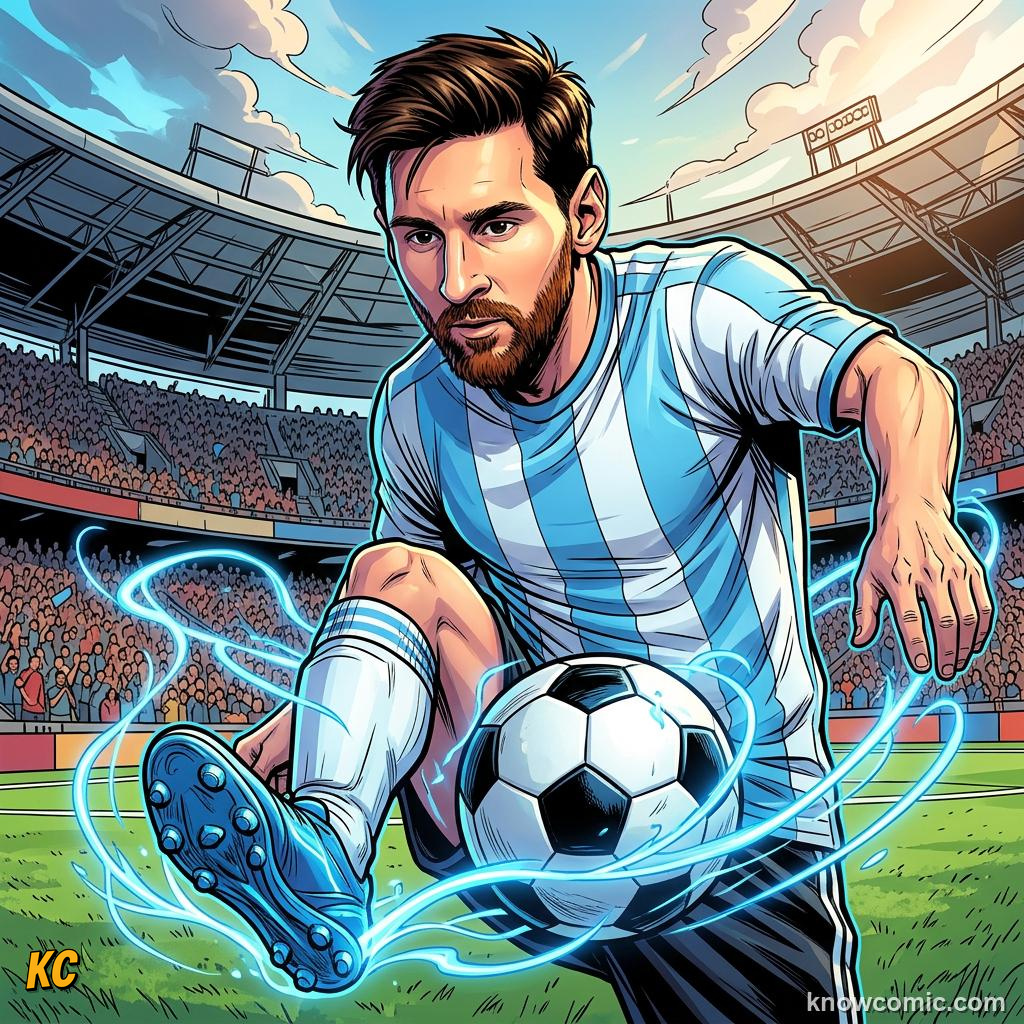 Comic panel titled the little genius from rosario, labelled messi, from the KnowComic World Cup 2026 lesson on messi vs ronaldo: the modern era