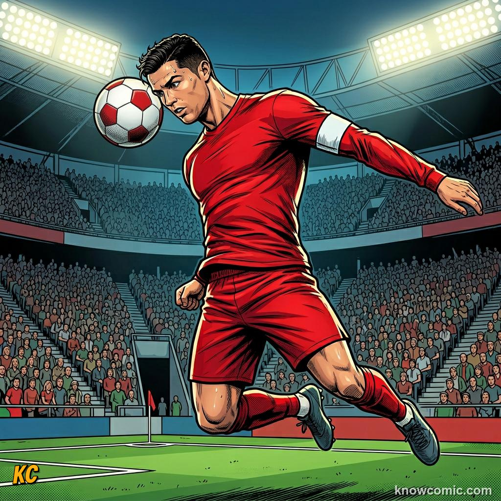 Comic panel titled the little genius from rosario, labelled ronaldo, from the KnowComic World Cup 2026 lesson on messi vs ronaldo: the modern era