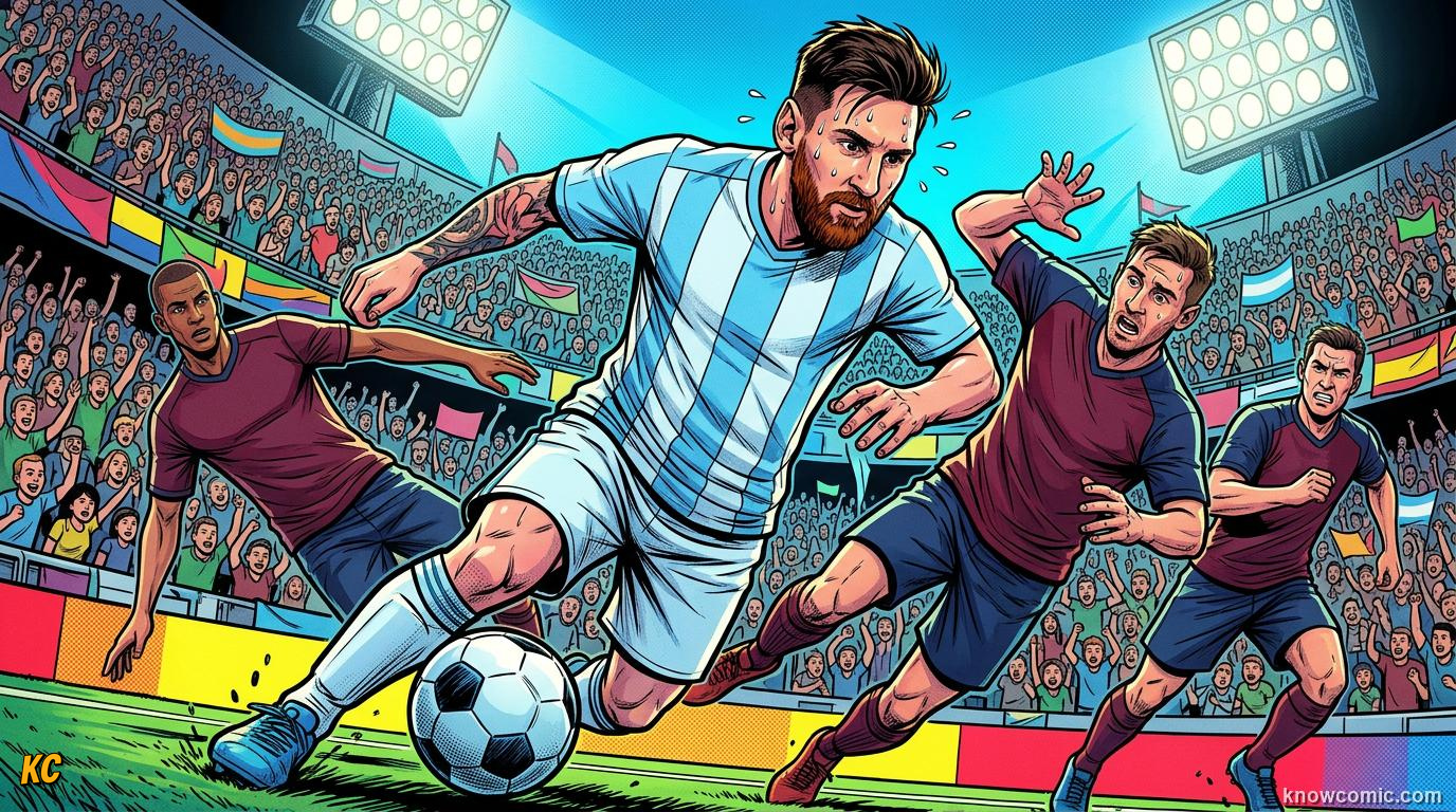 Comic panel titled the little genius from rosario, labelled leo, from the KnowComic World Cup 2026 lesson on messi vs ronaldo: the modern era