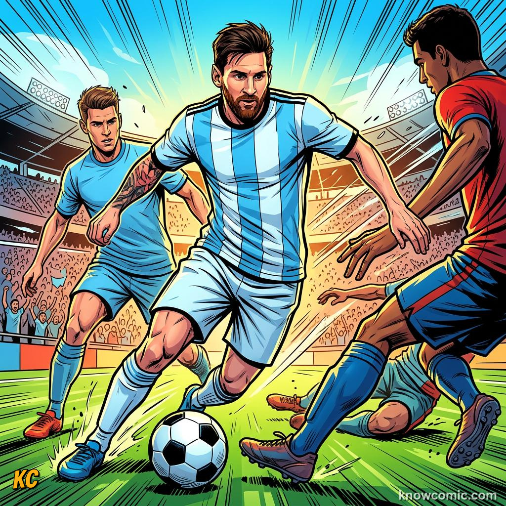 Comic panel titled the relentless record breaker, labelled style, from the KnowComic World Cup 2026 lesson on messi vs ronaldo: the modern era