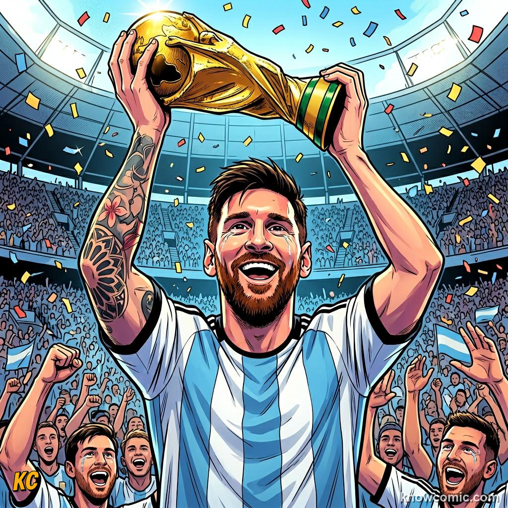 Comic panel titled the relentless record breaker, labelled 2022, from the KnowComic World Cup 2026 lesson on messi vs ronaldo: the modern era