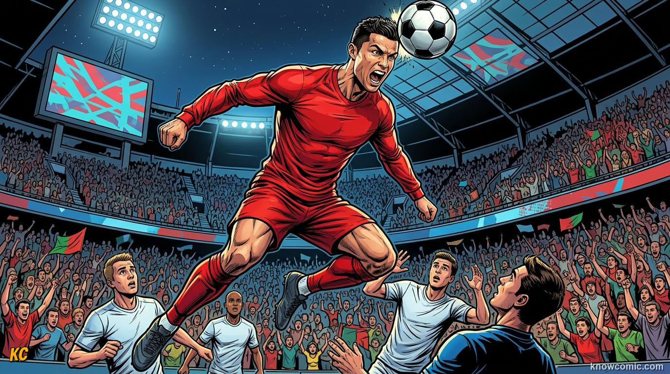 Comic panel titled the relentless record breaker, labelled cr7, from the KnowComic World Cup 2026 lesson on messi vs ronaldo: the modern era