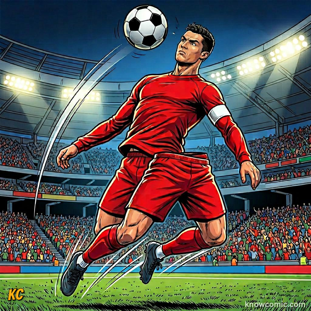 Comic panel titled the relentless record breaker, labelled power, from the KnowComic World Cup 2026 lesson on messi vs ronaldo: the modern era