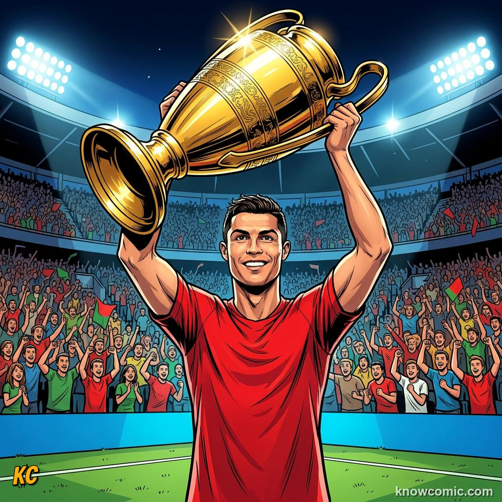 Comic panel titled the relentless record breaker, labelled record, from the KnowComic World Cup 2026 lesson on messi vs ronaldo: the modern era