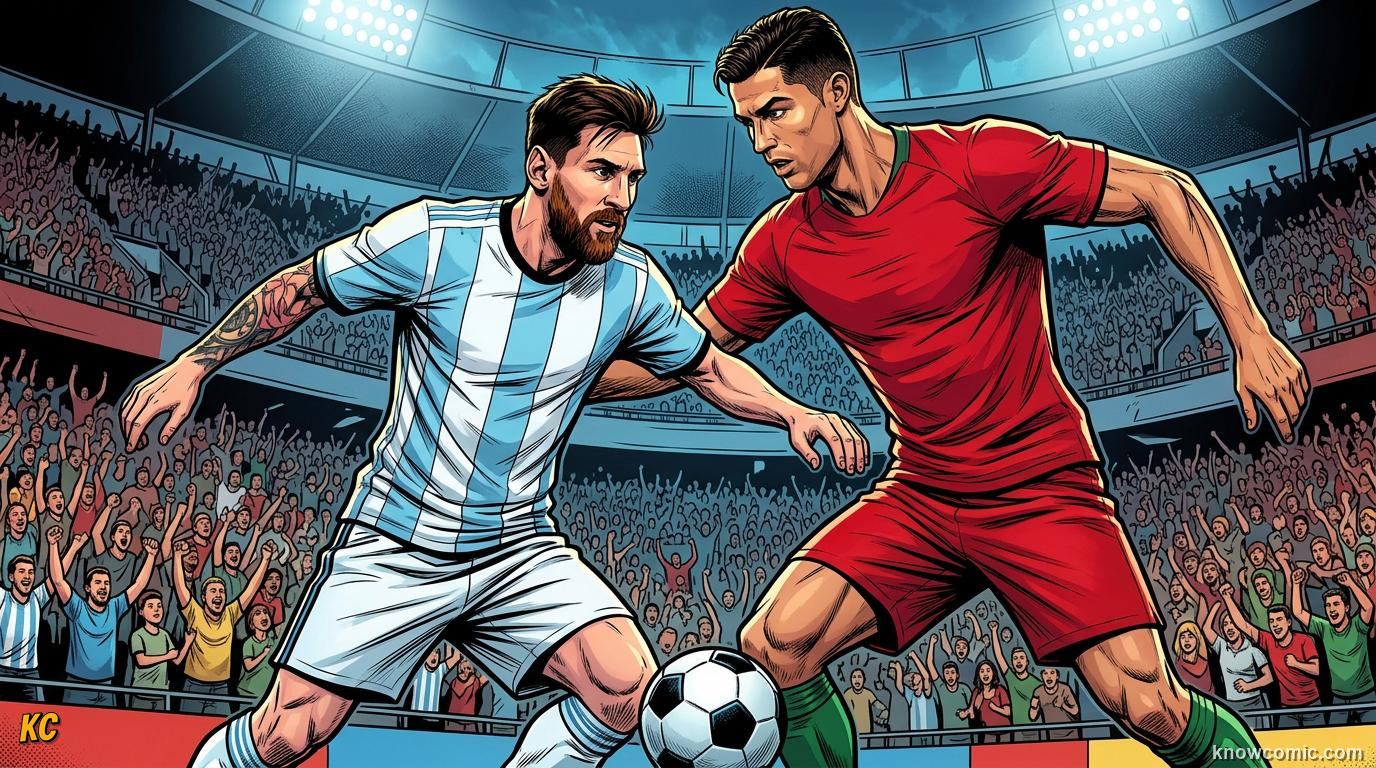 Comic panel titled a rivalry that raised the bar, labelled the duel, from the KnowComic World Cup 2026 lesson on messi vs ronaldo: the modern era