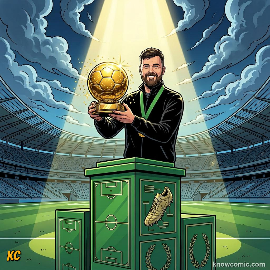 Comic panel titled messi's crown and the end of an era, labelled ballon d'or, from the KnowComic World Cup 2026 lesson on messi vs ronaldo: the modern era