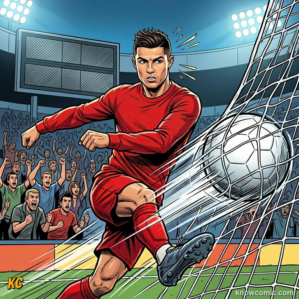 Comic panel titled messi's crown and the end of an era, labelled goals, from the KnowComic World Cup 2026 lesson on messi vs ronaldo: the modern era