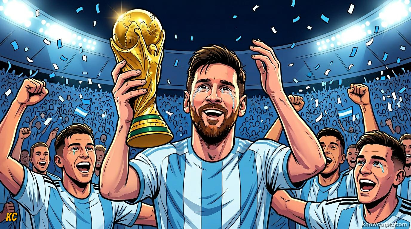 Comic panel titled messi's crown and the end of an era, labelled 2022, from the KnowComic World Cup 2026 lesson on messi vs ronaldo: the modern era