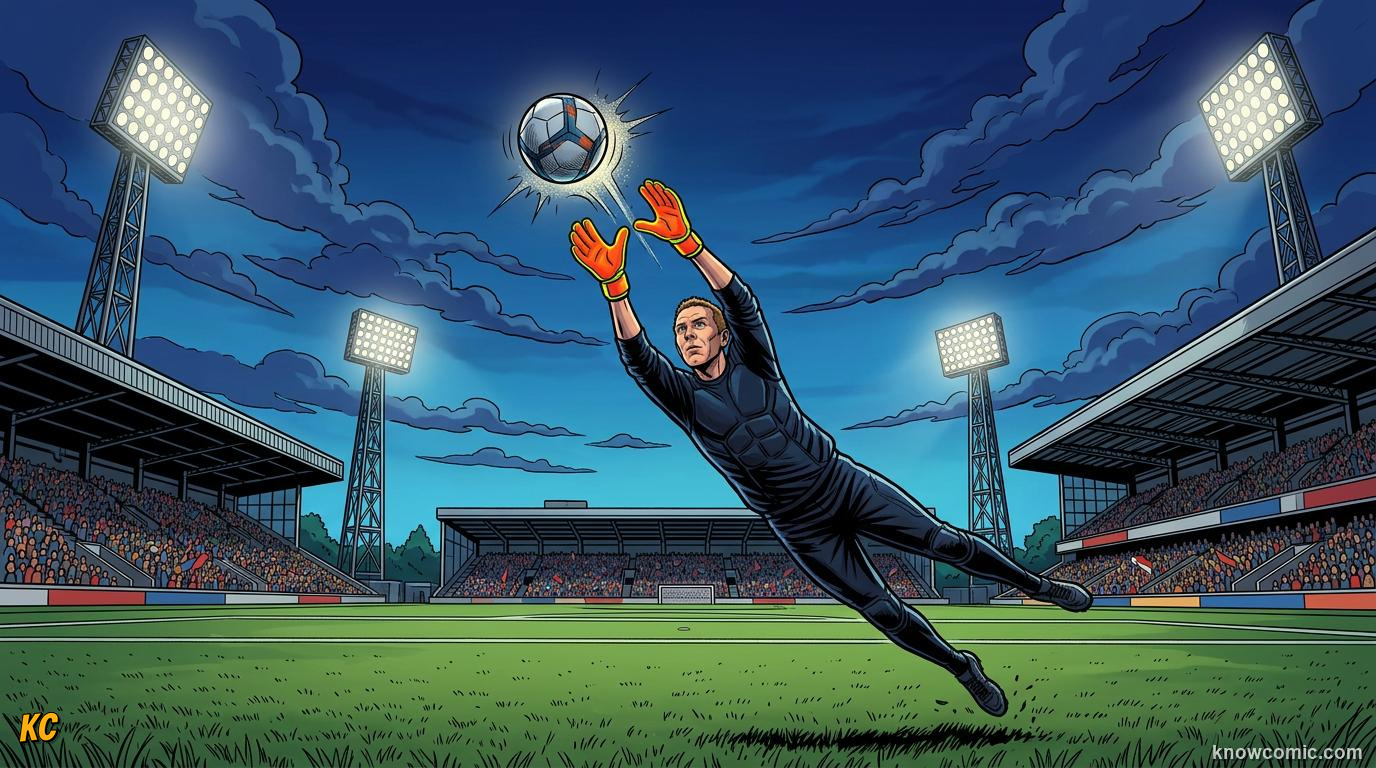 Comic panel titled the only player who uses hands, labelled last line, from the KnowComic World Cup 2026 lesson on goalkeeper greats