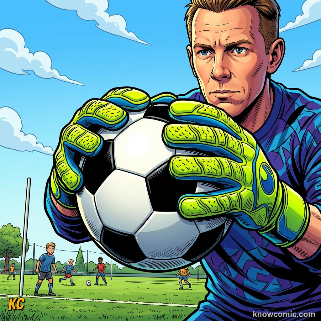 Comic panel titled the only keeper to win the ballon d'or, labelled the gloves, from the KnowComic World Cup 2026 lesson on goalkeeper greats