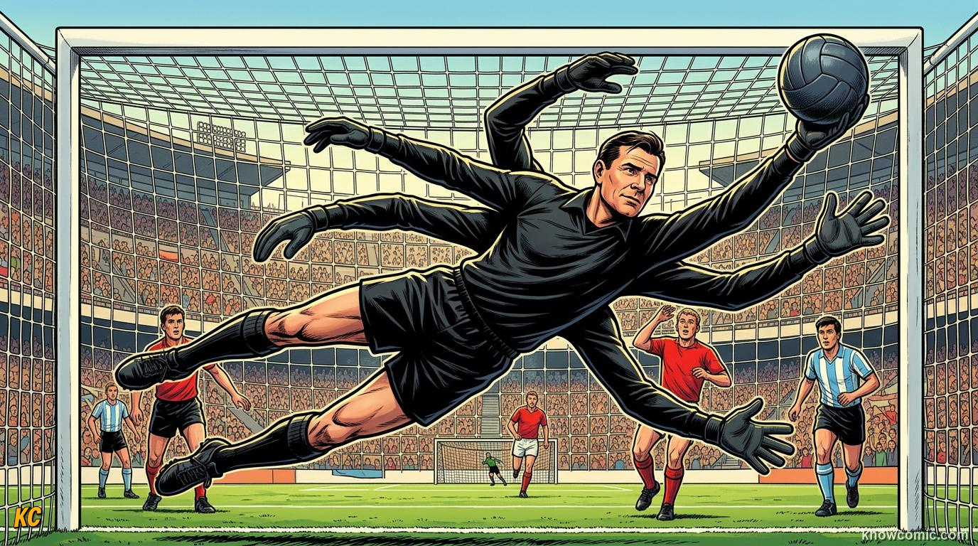 Comic panel titled the only keeper to win the ballon d'or, labelled the legend, from the KnowComic World Cup 2026 lesson on goalkeeper greats
