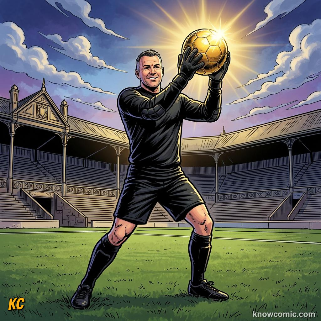 Comic panel titled saves that wrote history, labelled award, from the KnowComic World Cup 2026 lesson on goalkeeper greats