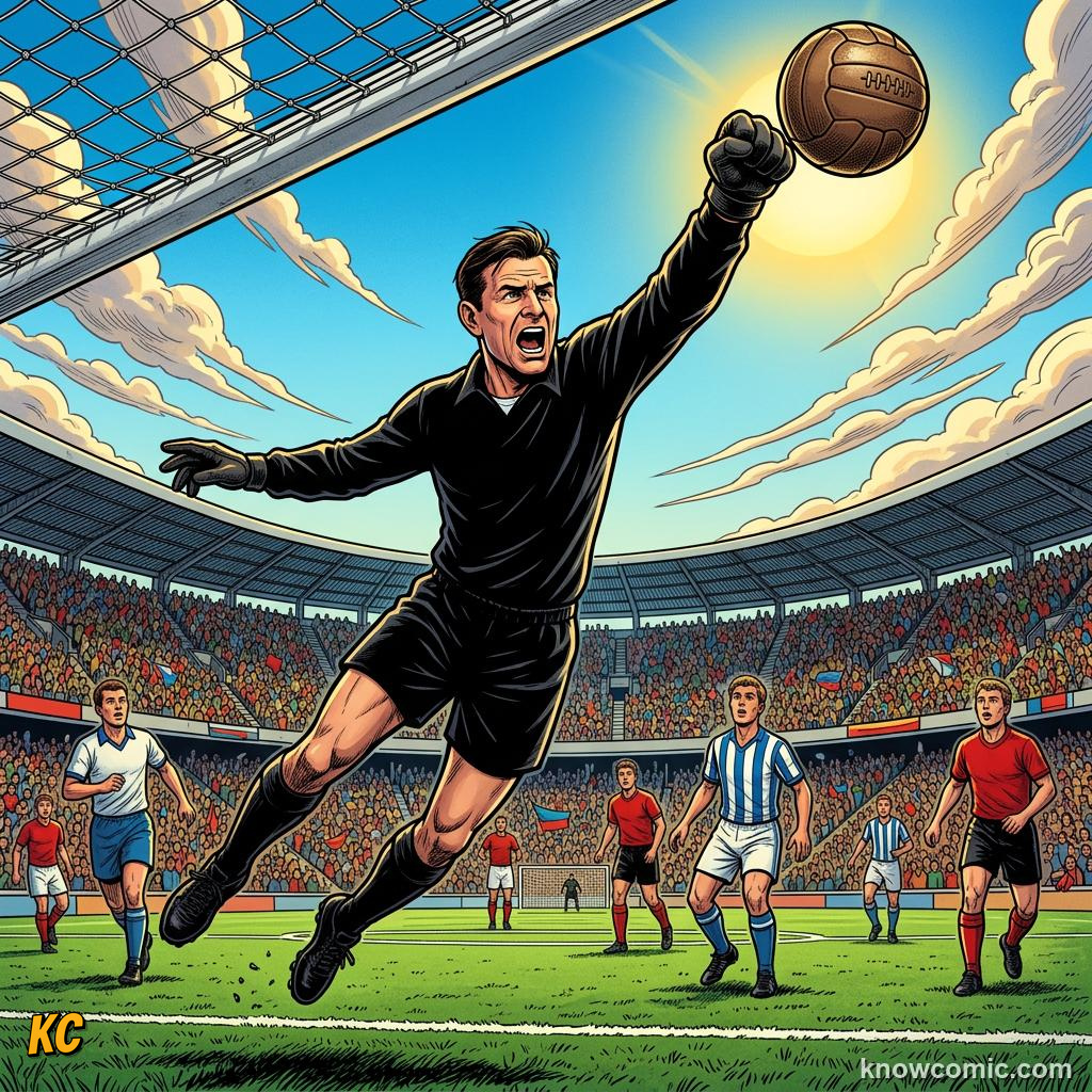 Comic panel titled saves that wrote history, labelled command, from the KnowComic World Cup 2026 lesson on goalkeeper greats