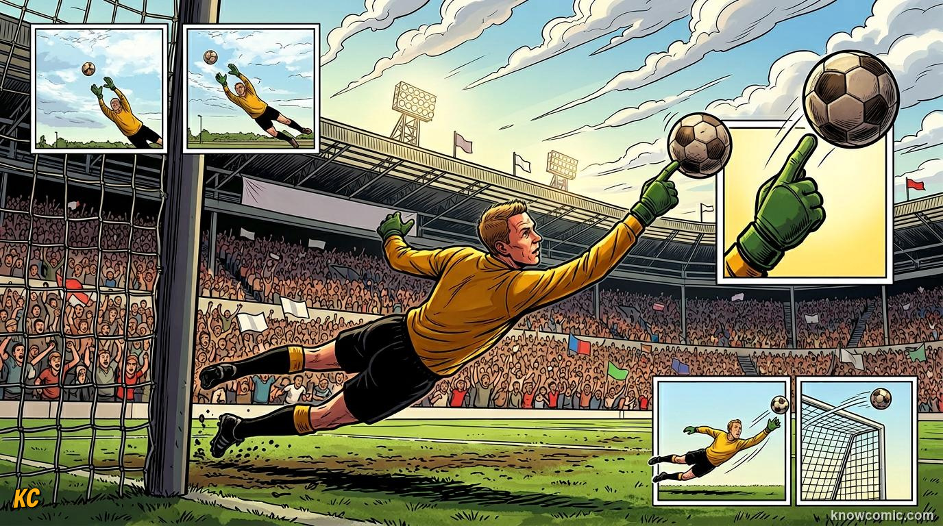 Comic panel titled saves that wrote history, labelled heroes, from the KnowComic World Cup 2026 lesson on goalkeeper greats