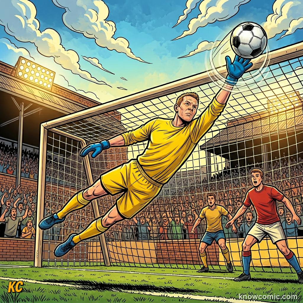 Comic panel titled saves that wrote history, labelled the save, from the KnowComic World Cup 2026 lesson on goalkeeper greats