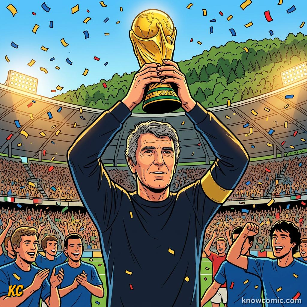 Comic panel titled saves that wrote history, labelled oldest, from the KnowComic World Cup 2026 lesson on goalkeeper greats