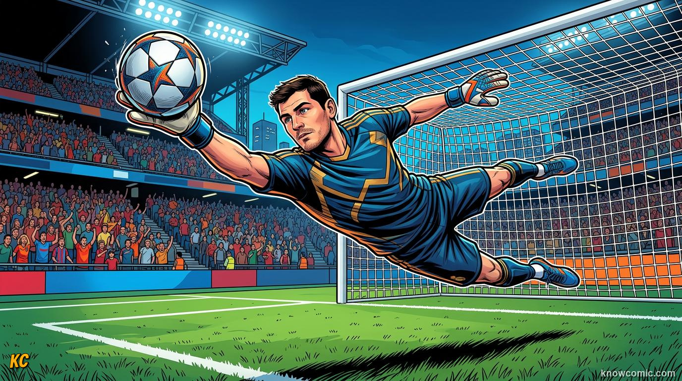 Comic panel titled flying keepers of the modern game, labelled new era, from the KnowComic World Cup 2026 lesson on goalkeeper greats