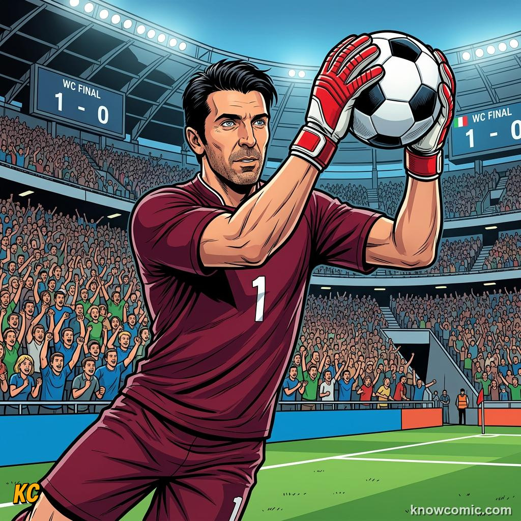 Comic panel titled the heroes who win it with their hands, labelled champions, from the KnowComic World Cup 2026 lesson on goalkeeper greats