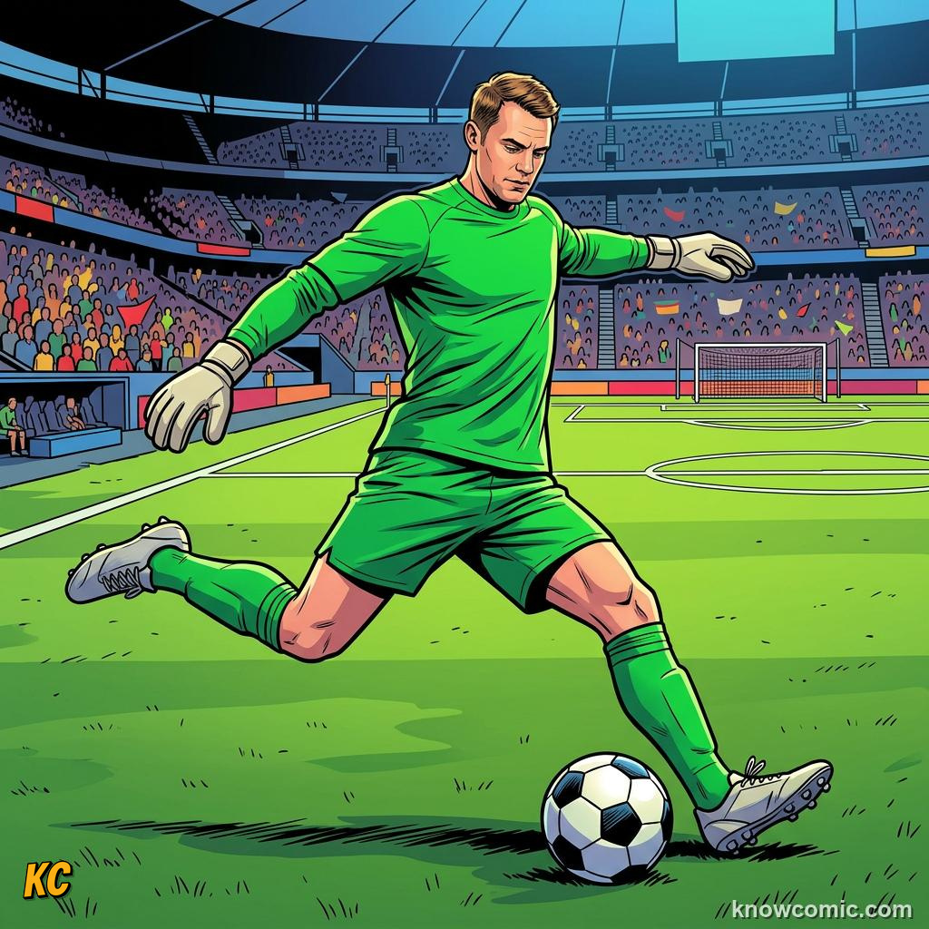 Comic panel titled the heroes who win it with their hands, labelled sweeper, from the KnowComic World Cup 2026 lesson on goalkeeper greats