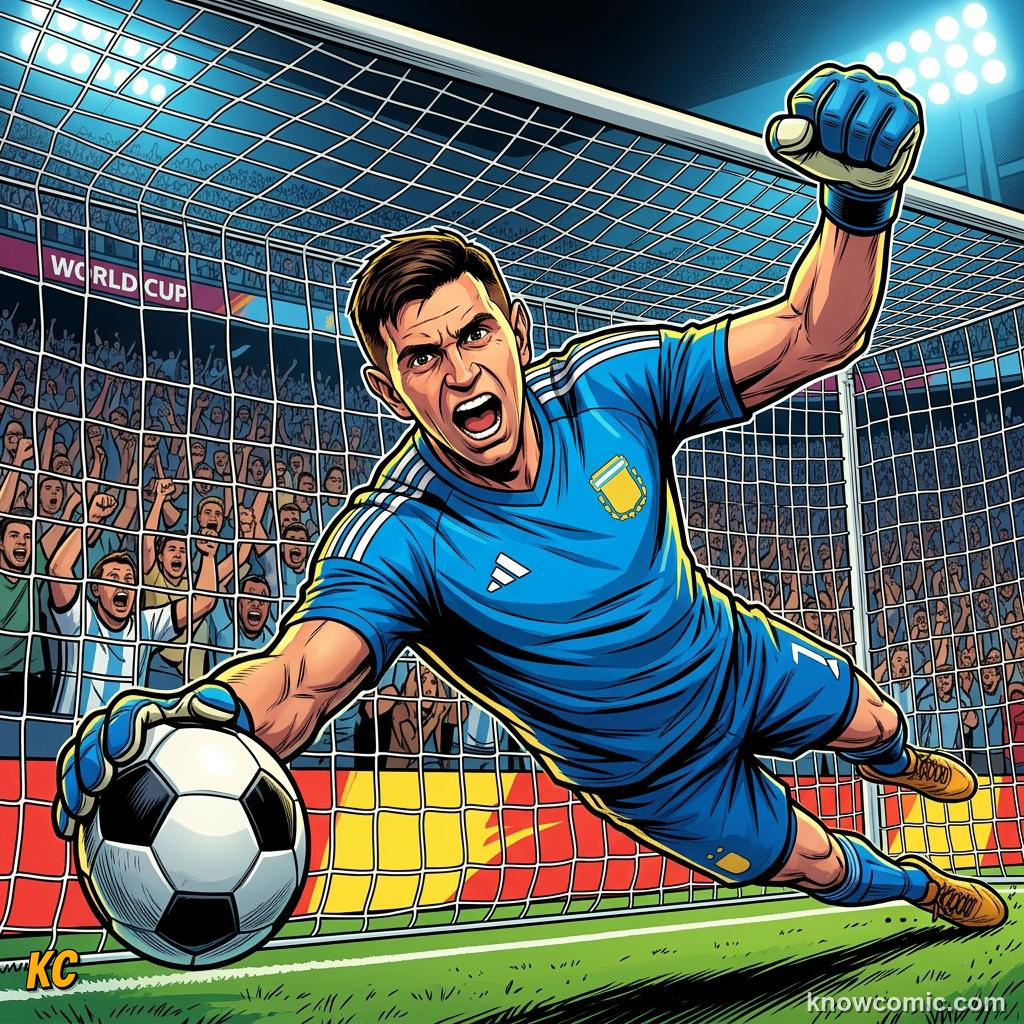 Comic panel titled the heroes who win it with their hands, labelled shootout, from the KnowComic World Cup 2026 lesson on goalkeeper greats
