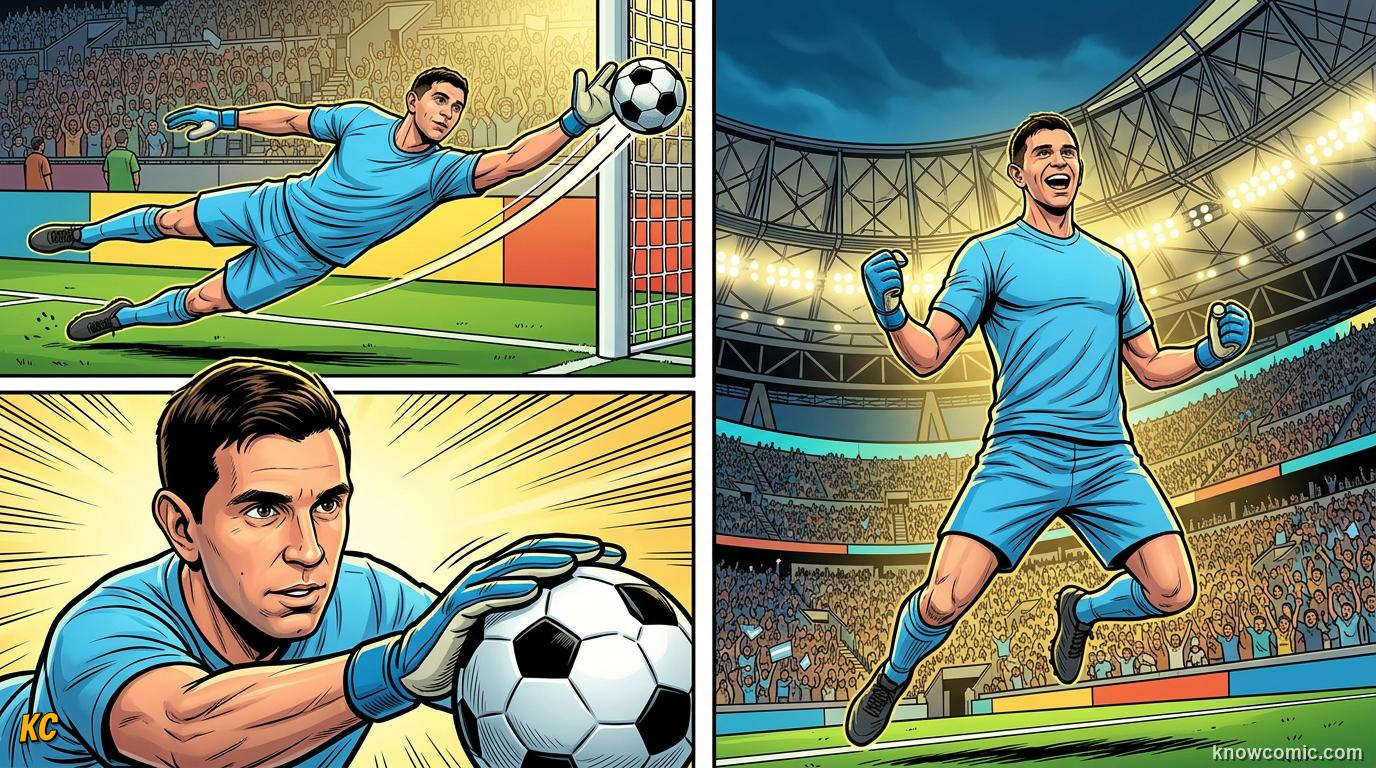 Comic panel titled the heroes who win it with their hands, labelled the no 1, from the KnowComic World Cup 2026 lesson on goalkeeper greats