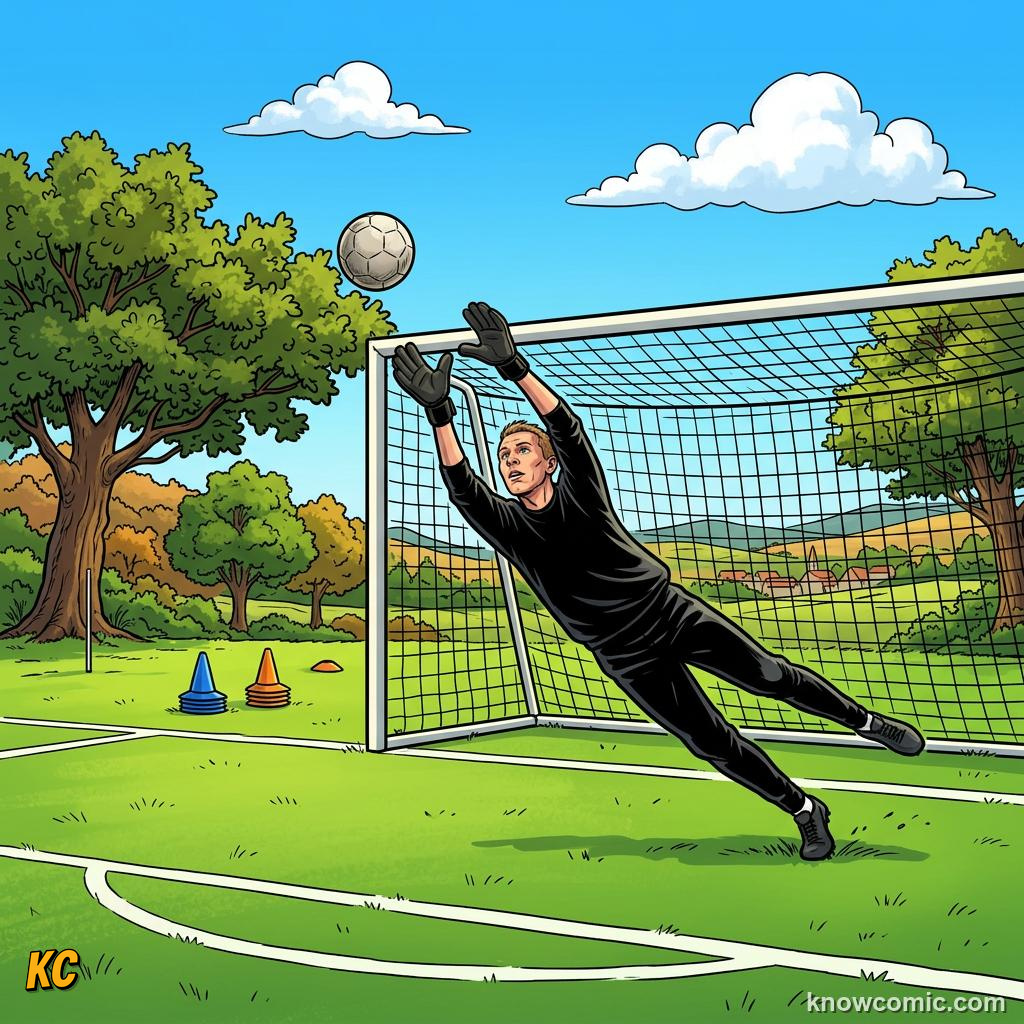 Comic panel labelled train, illustrating goalkeeper greats in KnowComic's World Cup 2026 series