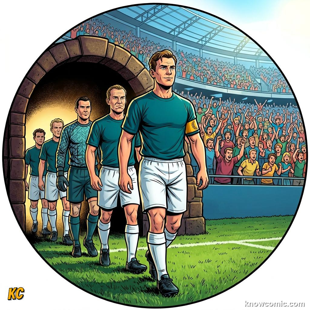 Comic panel titled the leader who invented a new role, labelled armband, from the KnowComic World Cup 2026 lesson on captains who lifted the cup