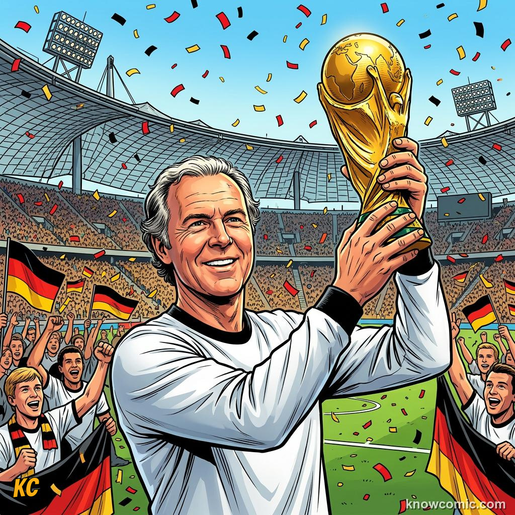 Comic panel titled defenders who led from the back, labelled 1974, from the KnowComic World Cup 2026 lesson on captains who lifted the cup