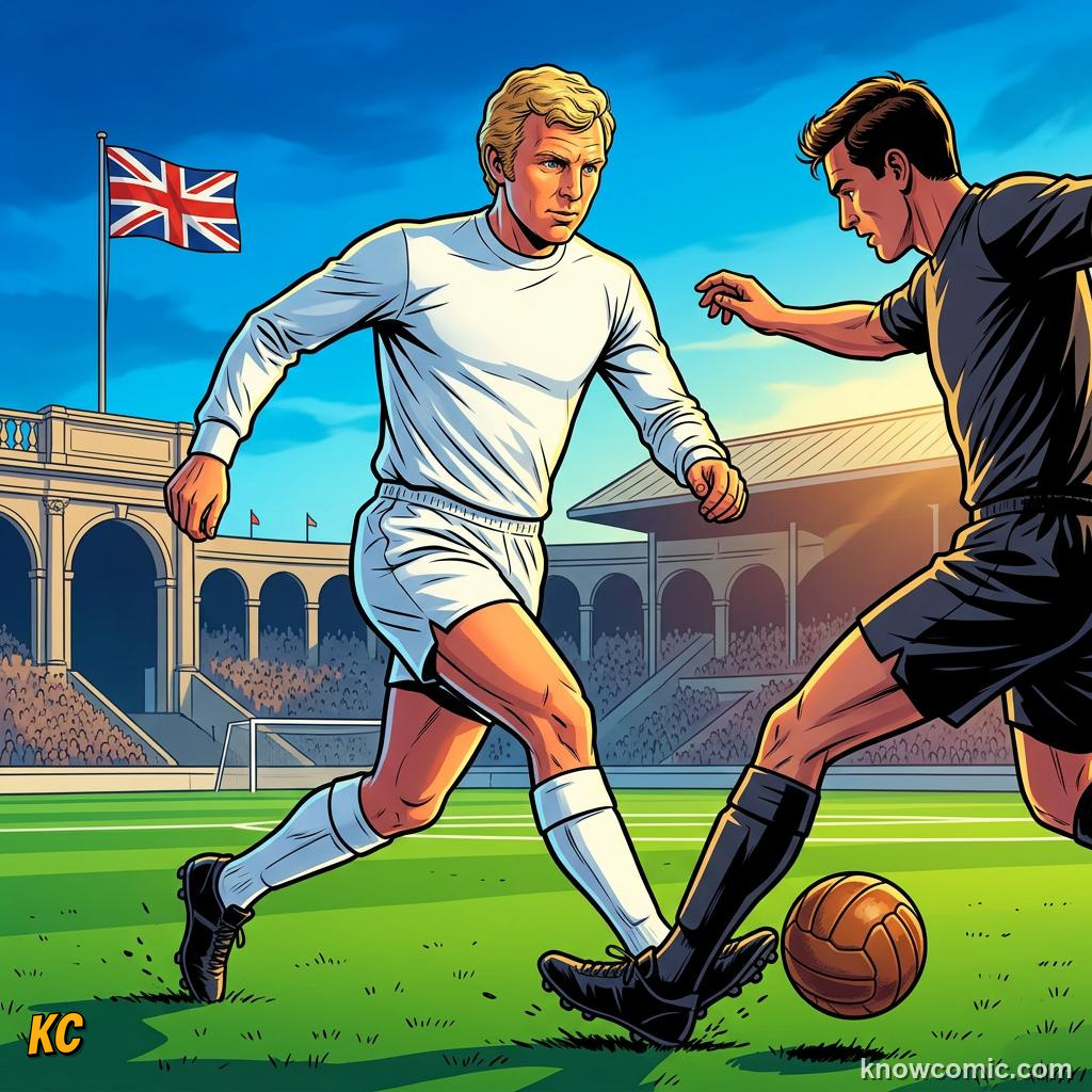 Comic panel titled defenders who led from the back, labelled moore, from the KnowComic World Cup 2026 lesson on captains who lifted the cup