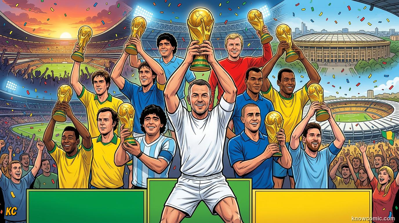 Comic panel titled leaders of every kind, labelled champions, from the KnowComic World Cup 2026 lesson on captains who lifted the cup